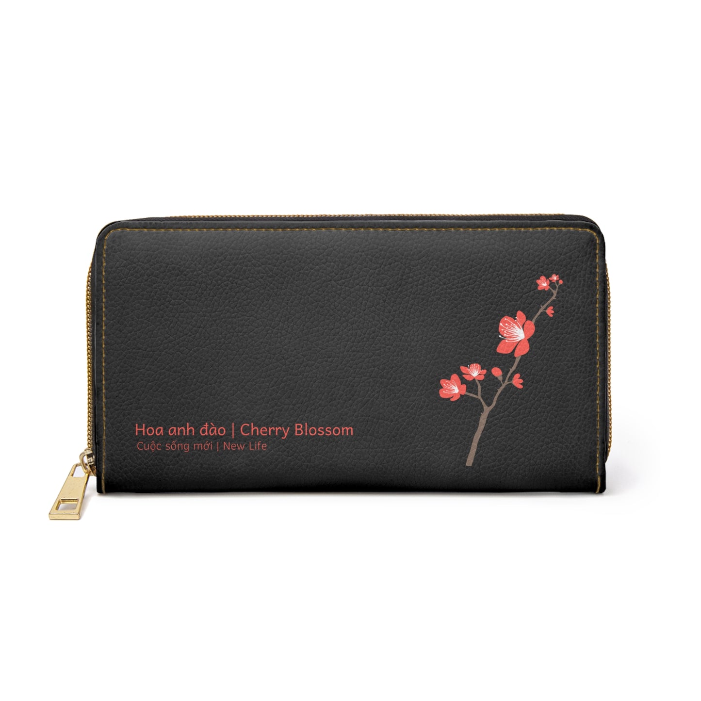 Black and Red Cherry Blossom Zipper Wallet