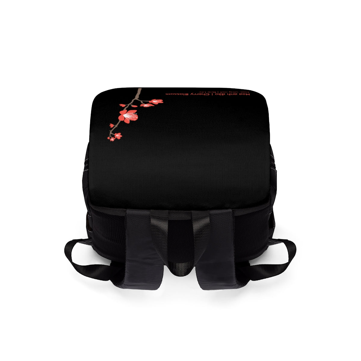 Black and Red Vietnamese Cherry Blossom Unisex Casual Shoulder Backpack