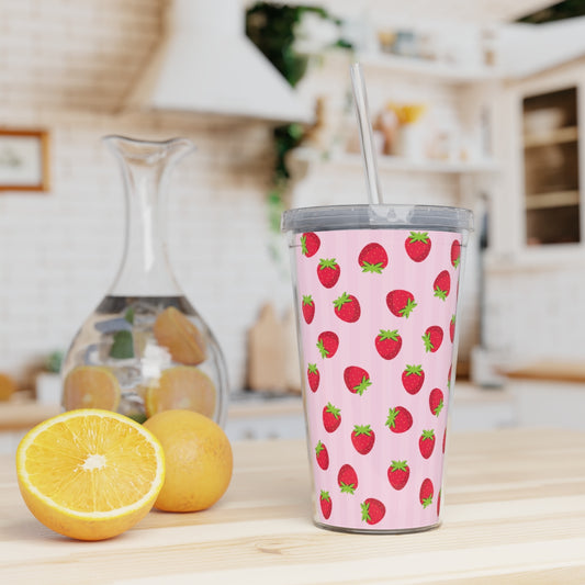 Strawberry Pattern Plastic Tumbler with Straw